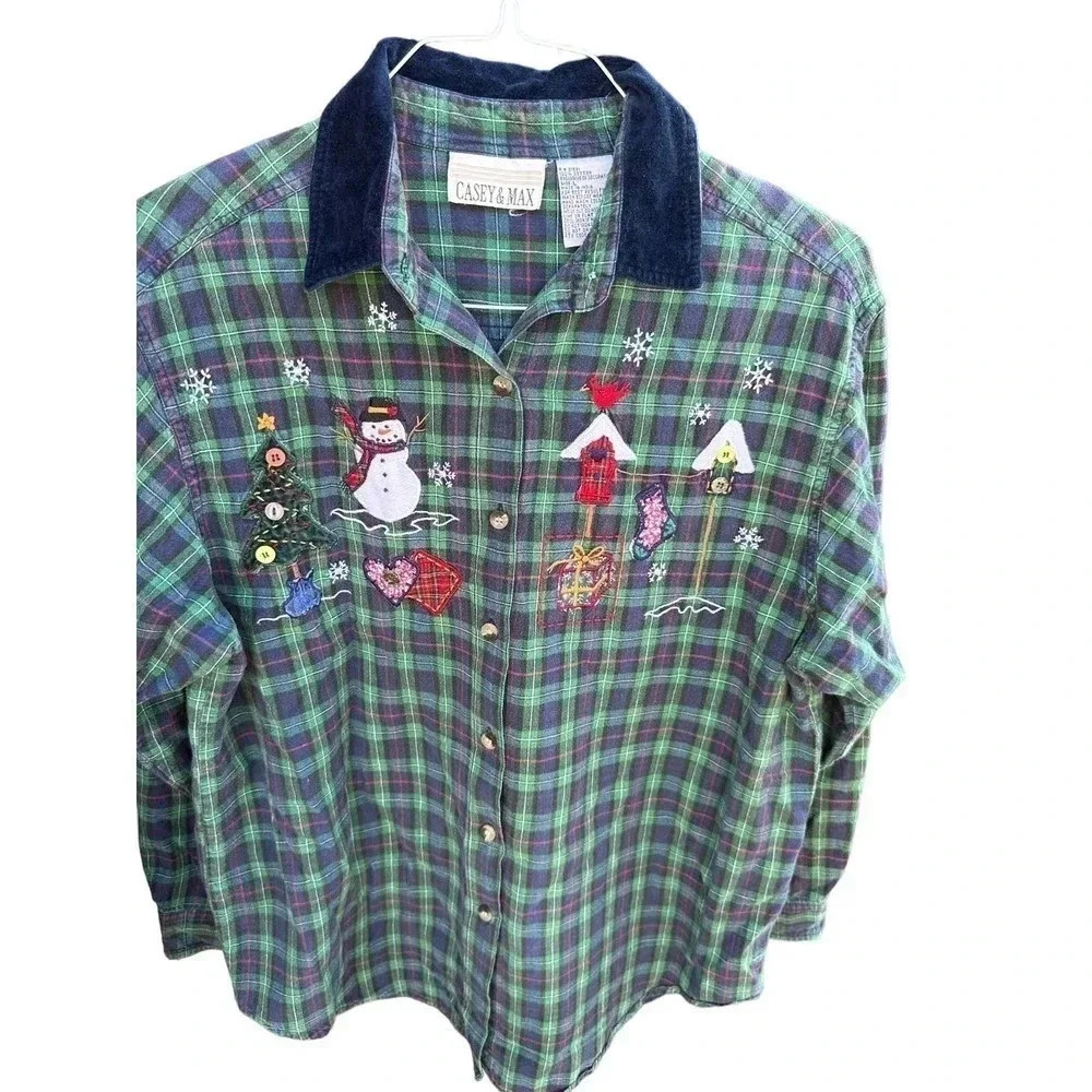 Casey & Max Christmas Plaid Long Sleeve Embroidered Button Up Shirt Size Large